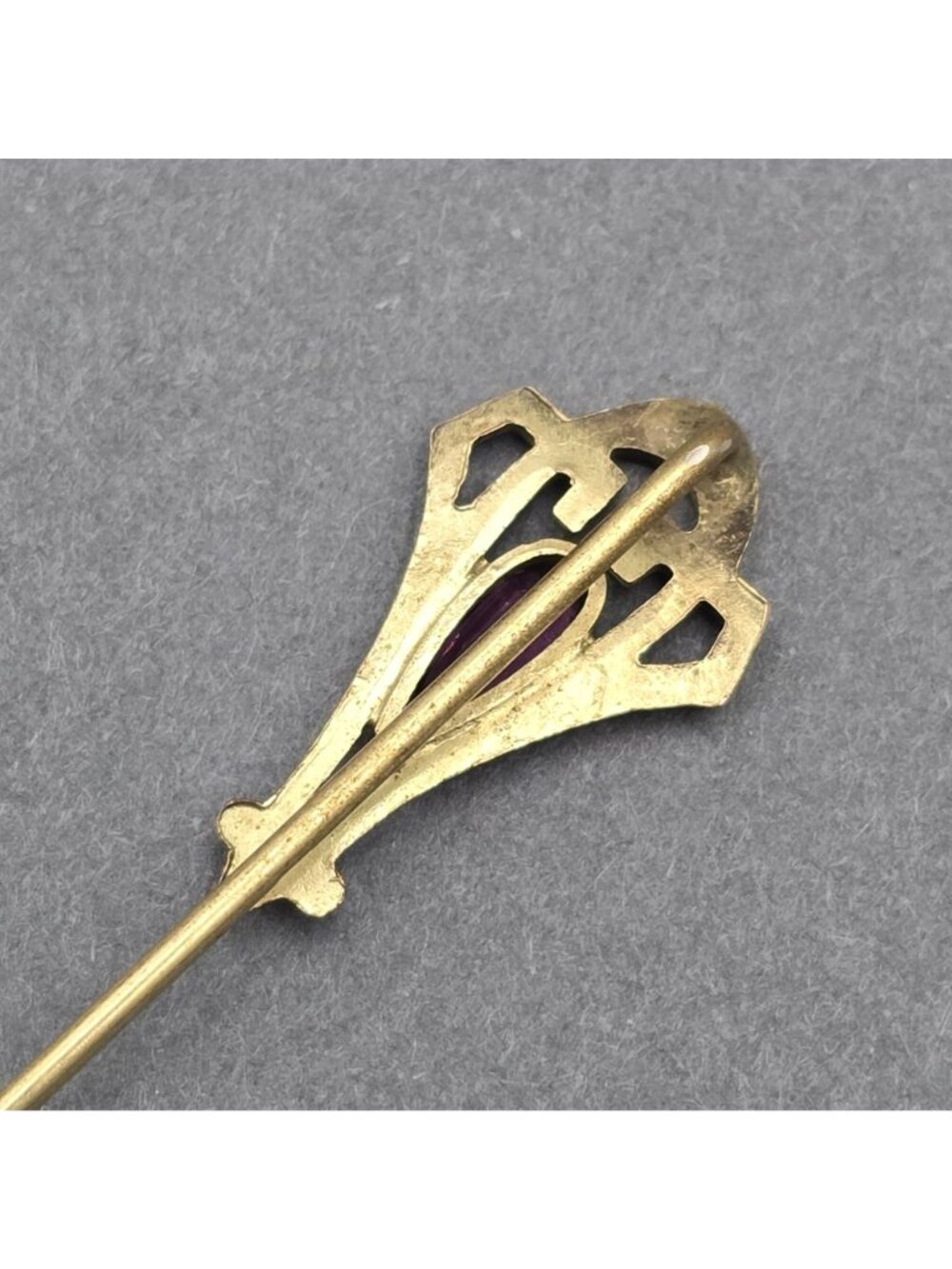 Vintage Art Deco Gold Tone Purple Glass Stick Pin 3" Geometric Lapel Tie - Picture 4 of 10